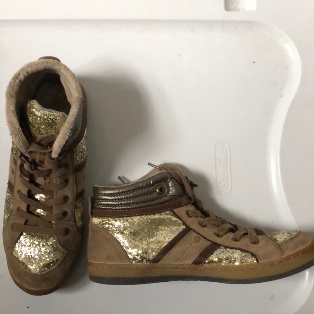 Gold glitter and suede sneakers
